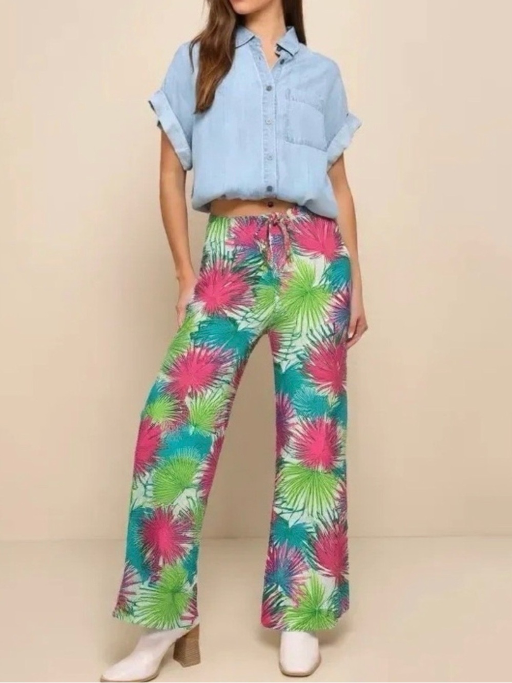 Rose + Olive Anthropologie Tropical Wide Leg Pants Palm Print Pockets Boho Sz L